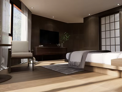 Hotel Room Interior With Wooden Furniture Large Window Natural Light Bed TV And Green Plant 3d model