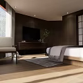 Hotel Room Interior With Wooden Furniture Large Window Natural Light Bed TV And Green Plant