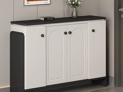 Modern Minimalist Shoe Cabinet With White Doors Black Top And Wall Painting Vase With Flowers 3d model