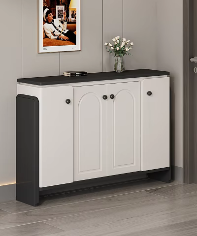 Modern Minimalist Shoe Cabinet With White Doors Black Top And Wall Painting Vase With Flowers 3d model