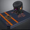 Metallic Robot With Dome Head On Blue Platform Featuring Orange Stripes And Dirt Pile