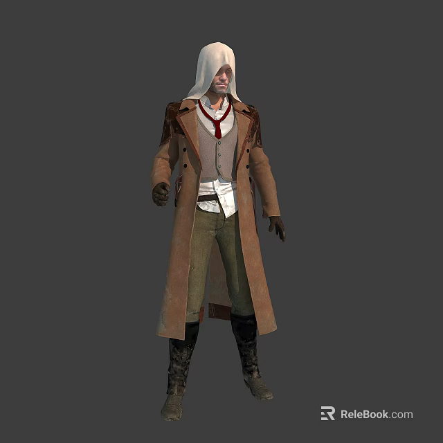Mysterious Character in Hooded Brown Long Coat White Shirt Red Tie Green Pants Black Boots 3d model 