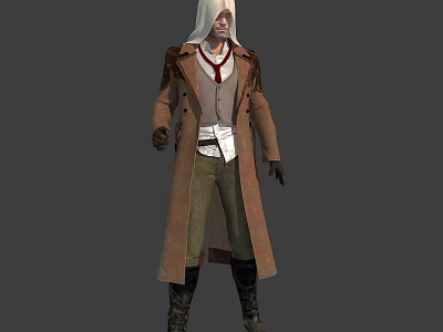 Mysterious Character in Hooded Brown Long Coat White Shirt Red Tie Green Pants Black Boots 3d model