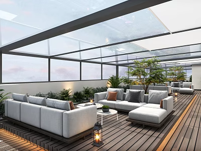 Modern Villa Balcony with Glass Roof Wooden Flooring Sofas Green Plants and Lanterns 3d model