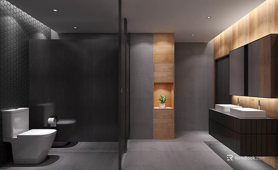 Modern Public Restroom Interior With Gray Tiles Wooden Panels Mirror And Washbasin 3d model 