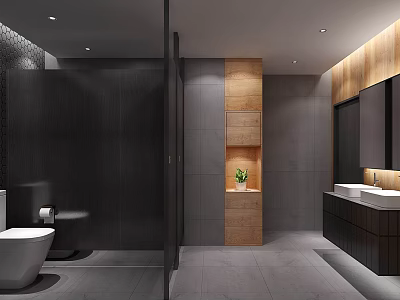 Modern Public Restroom Interior With Gray Tiles Wooden Panels Mirror And Washbasin 3d model