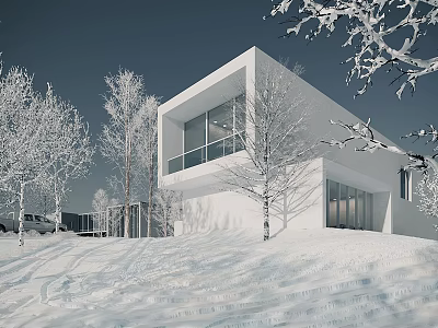 Modern Detached Villa with Large Windows White Exterior and Surrounding Trees in Snowy Landscape 3d model