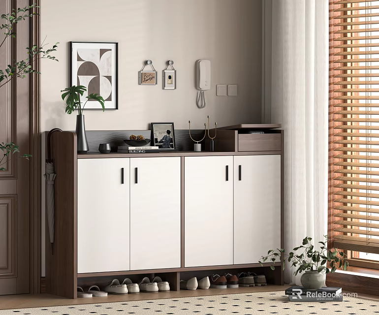 Modern White And Brown Shoe Cabinet With Vase Photo Frame Potted Plant And Wooden Blinds 3d model 