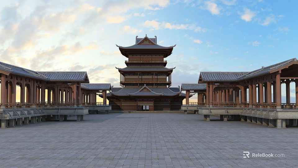 Ancient Chinese Pagoda With Traditional Roof Wooden Structure And Surrounding Corridors 3d model 
