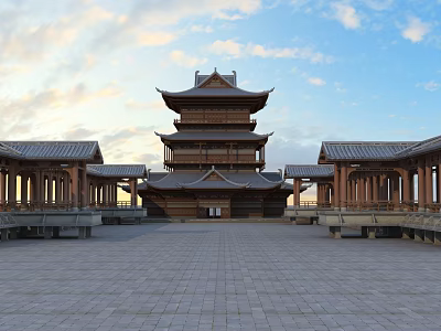 Ancient Chinese Pagoda With Traditional Roof Wooden Structure And Surrounding Corridors 3d model