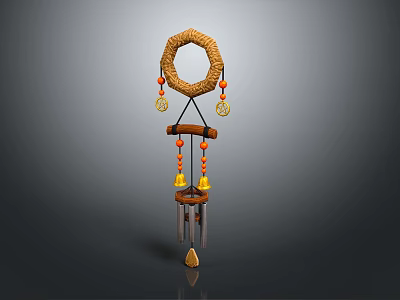 Handmade Woven Ring Wind Chime With Orange Beads Wooden Bar And Metal Pendant 3d model