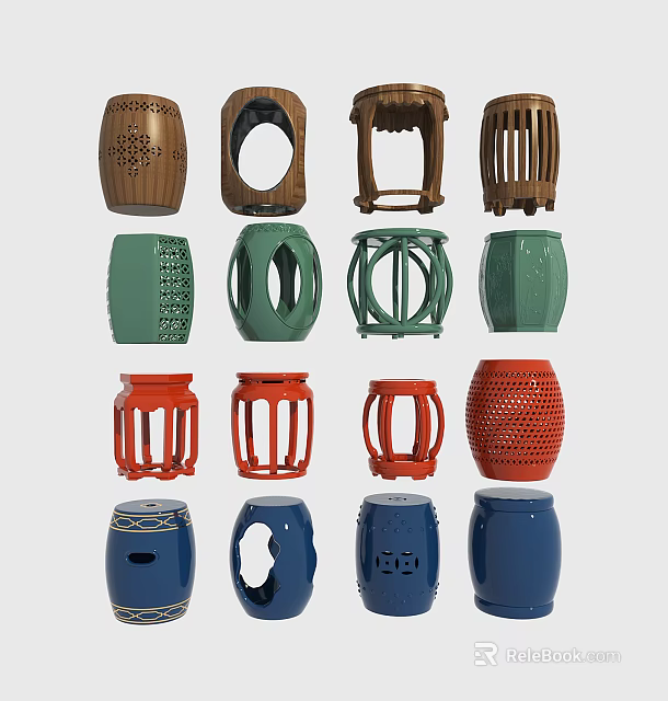 Colorful Decorative Stools Featuring Perforated Patterns And Various Designs In Different Colors 3d model