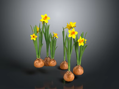 Fresh Onion Bulbs With Green Leaves And Yellow Flowers On Grey Background 3d model