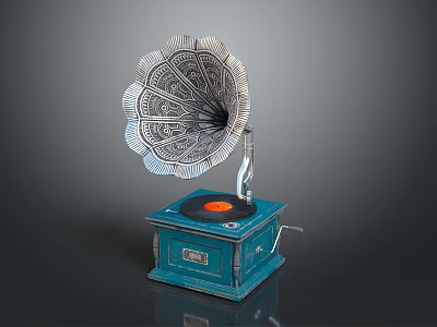 Vintage Phonograph With Blue Base Black Record And Ornate Horn Design 3d model