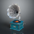 Vintage Phonograph With Blue Base Black Record And Ornate Horn Design