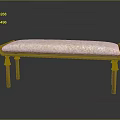 Wooden Bench With Upholstered Patterned Seat And Curved Wooden Legs Design
