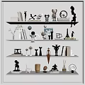 Modern Interior Decor Ornament Set with Sculptures Books Vases on White Shelves