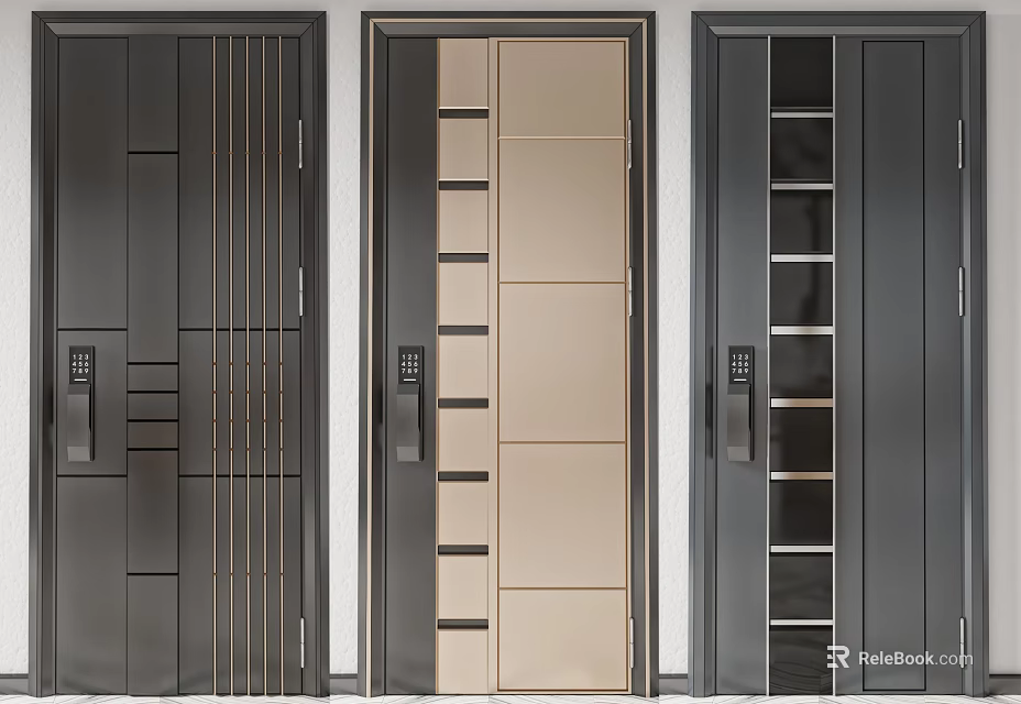 Modern Security Doors Featuring Different Panel Designs Glass Inserts And Metallic Accents 3d model