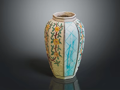 Decorative Vase With Yellow Floral Patterns Green Leaves And Blue Geometric Designs 3d model