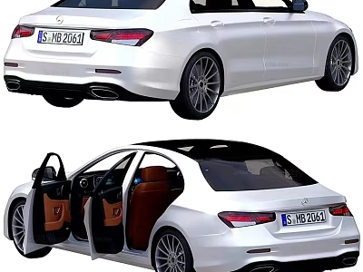 Stylish White Sedan Car with Open Doors Showing Brown Interior Seats Design 3d model