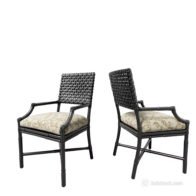 Pair of Woven Armchairs With Upholstered Pattern Seats And Black Frames 3d model 