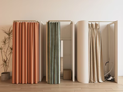 Stylish Clothing Store Display With Orange Green Beige Curtains And Wooden Floor 3d model