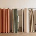 Stylish Clothing Store Display With Orange Green Beige Curtains And Wooden Floor