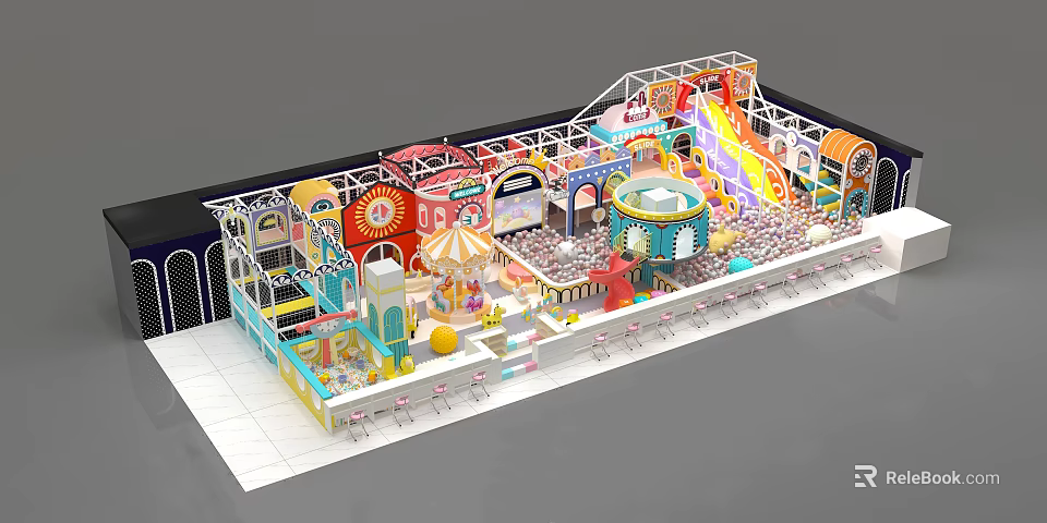Vibrant Indoor Playground Layout With Colorful Slides Carousel Game Zones And Seating Areas 3d model 