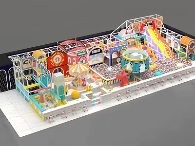 Vibrant Indoor Playground Layout With Colorful Slides Carousel Game Zones And Seating Areas 3d model
