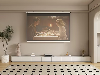 Modern Living Room Interior With Projection Monitoring System Large Screen TV Cabinet And Patterned Rug 3d model