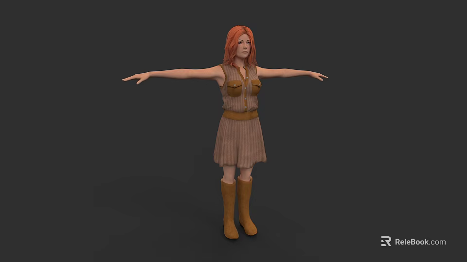 Woman with red hair in sleeveless dress and brown boots arms outstretched against gray background 3d model 