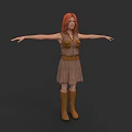 Woman with red hair in sleeveless dress and brown boots arms outstretched against gray background