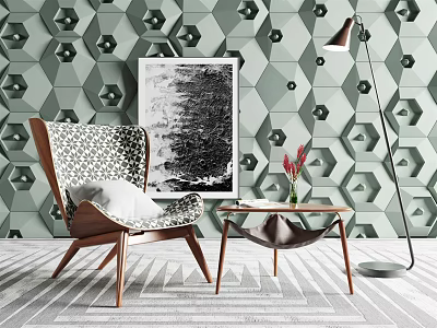 Stylish Accent Chair With Patterned Upholstery Wooden Frame Geometric Wall And Black White Art Print 3d model