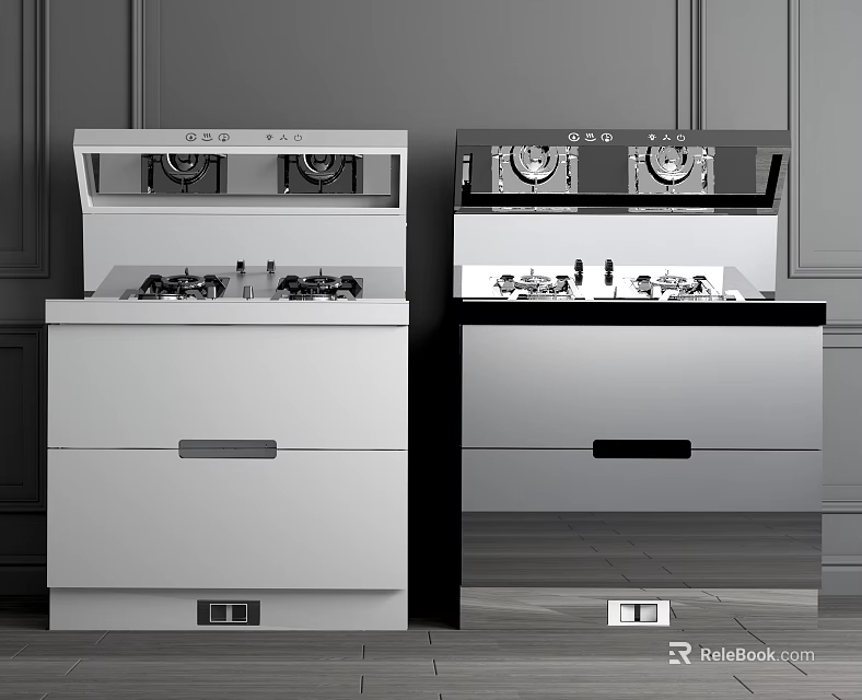 Modern White And Black Kitchen Appliances With Integrated Stove Hood And Drawers 3d model 