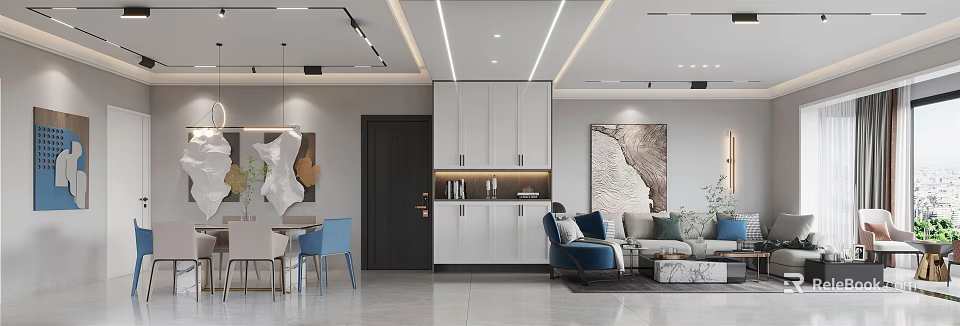 Modern Living Dining Room Interior Design With Blue Sofa Dining Table And Wall Art 3d model