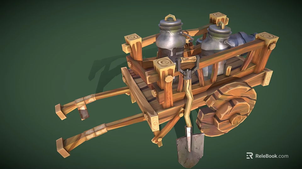 Rustic Wooden Cart Displaying Metal Jugs and Shovel on Green Backdrop 3d model 