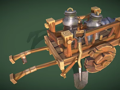 Rustic Wooden Cart Displaying Metal Jugs and Shovel on Green Backdrop 3d model