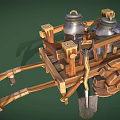 Rustic Wooden Cart Displaying Metal Jugs and Shovel on Green Backdrop
