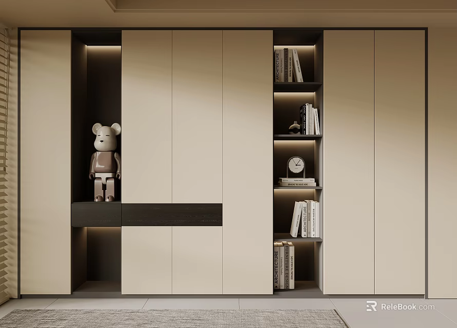 Modern Bookcase Design With Layered Shelves Built-in Lighting And Decorative Items 3d model