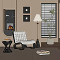 White Tufted Accent Chair In Cozy Living Room With Floor Lamp Side Table And Fireplace