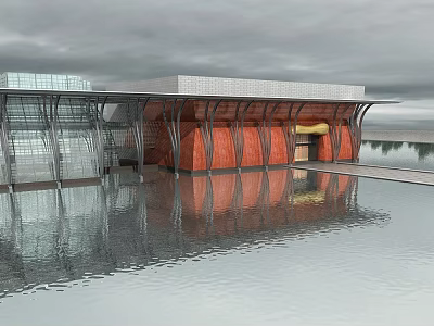 Modern Residential Building With Glass Curtain Wall Red Structure And Water Reflection View 3d model