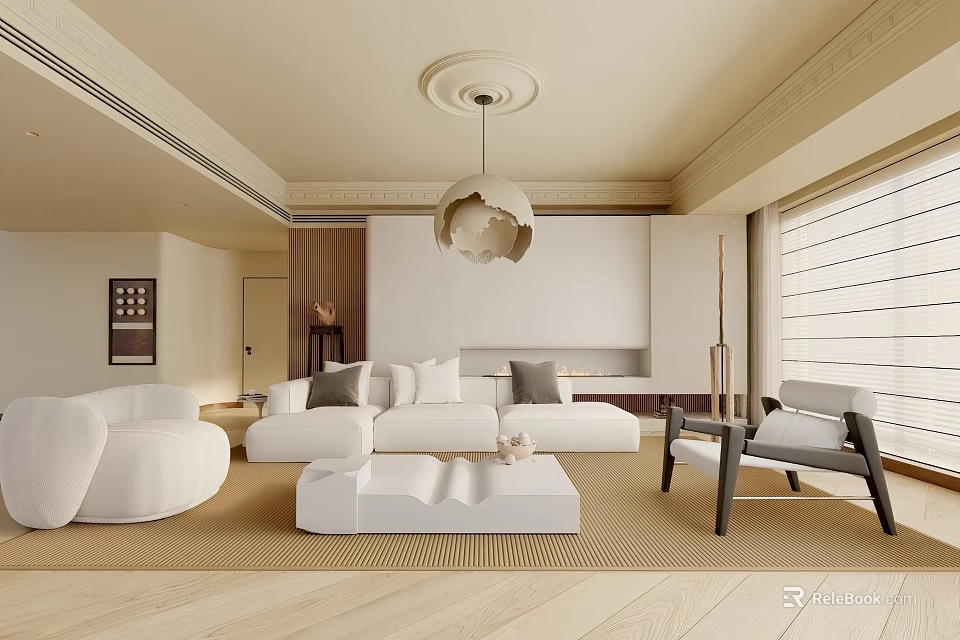 Minimalist Living Room Interior Design With White Sofa Beige Tones And Floor To Ceiling Windows 3d model 