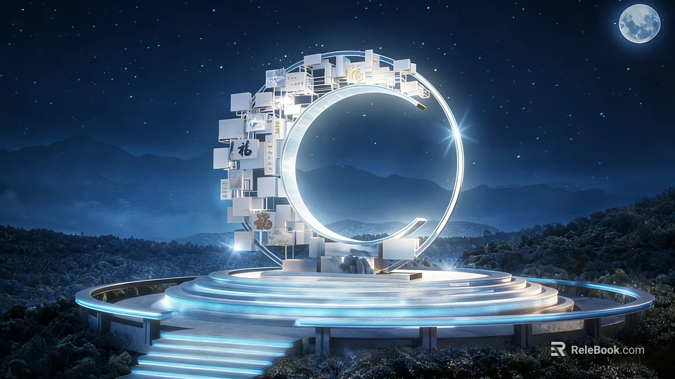 Circular Illuminated Landscape Sculpture With Night Sky Mountain Backdrop And Platform Steps 3d model 