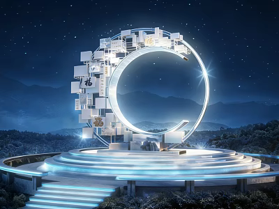 Circular Illuminated Landscape Sculpture With Night Sky Mountain Backdrop And Platform Steps 3d model
