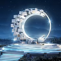 Circular Illuminated Landscape Sculpture With Night Sky Mountain Backdrop And Platform Steps