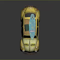 Vintage Yellow Car With Smiley Stickers And Surfboards On Roof Rack