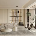 Modern Light Tones Living Room Interior Design With Sofa Display Shelves Area Rug And Floor Lamp