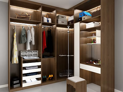 Modern Custom Wardrobe Interior With Hanging Rods Drawers Shelves And Organized Storage 3d model