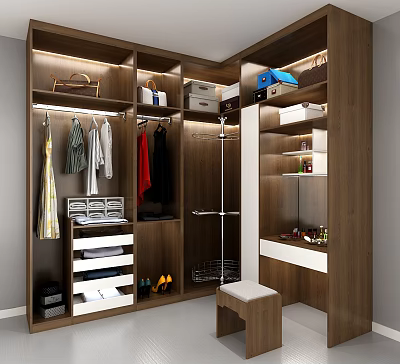 Modern Custom Wardrobe Interior With Hanging Rods Drawers Shelves And Organized Storage 3d model