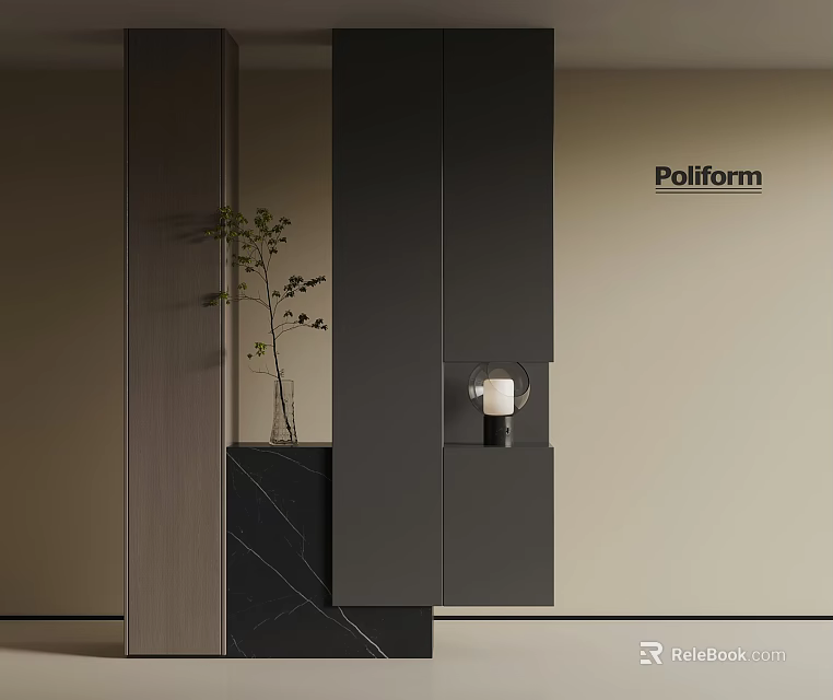Poliform Modern Black Shoe Cabinet With Marble Top And Plant Decoration 3d model 